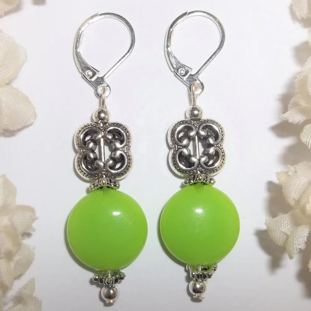 Green Earrings, Lime Green Earrings, Green Beaded Earrings, Dangle Earring, 7512 - Picture 1 of 6